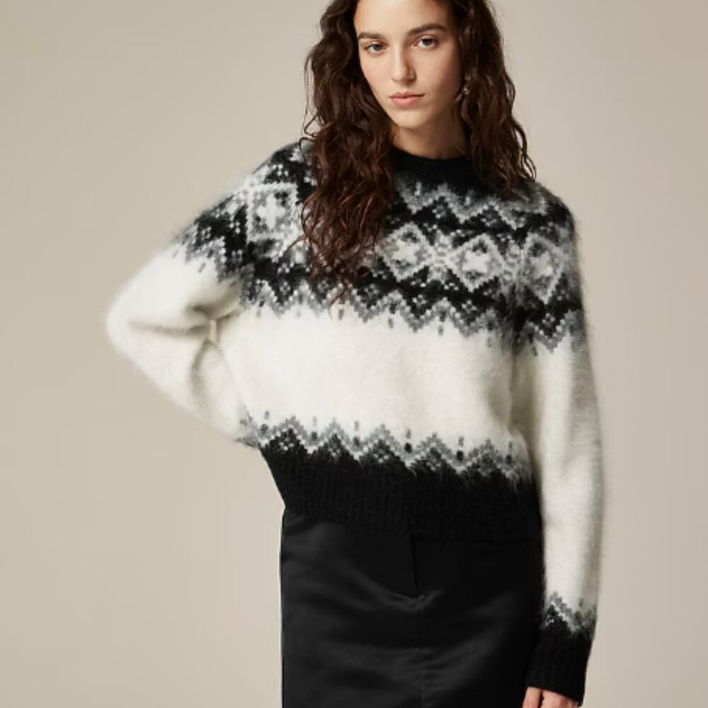 J. Crew Brushed Cashmere Fair Isle Sweater IVORY BLACK GREY Brand New with Tags